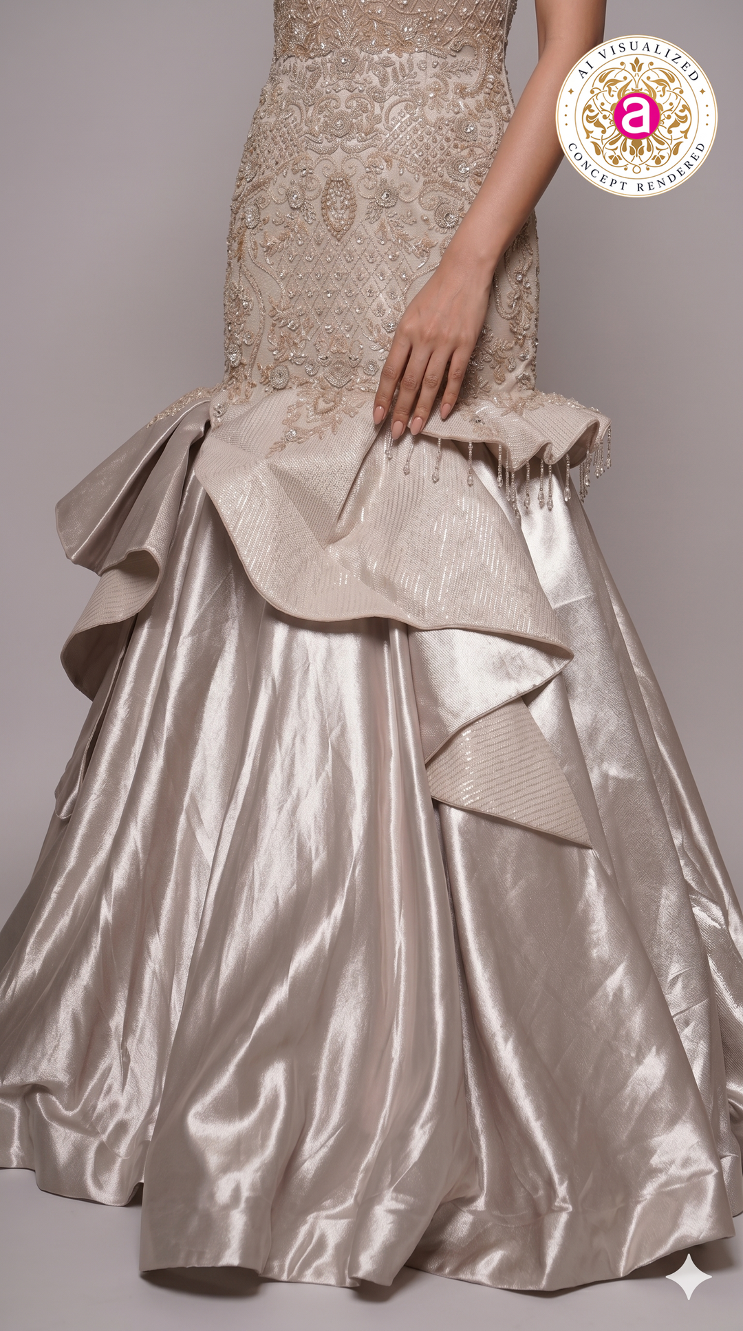 Champagne Beige Embellished Mermaid Gown with Sculpted Ruffle Detailing