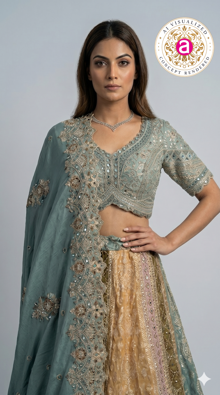 Teal Green & Antique Gold Banarasi Designer Lehenga Choli with Embroidered Dupatta