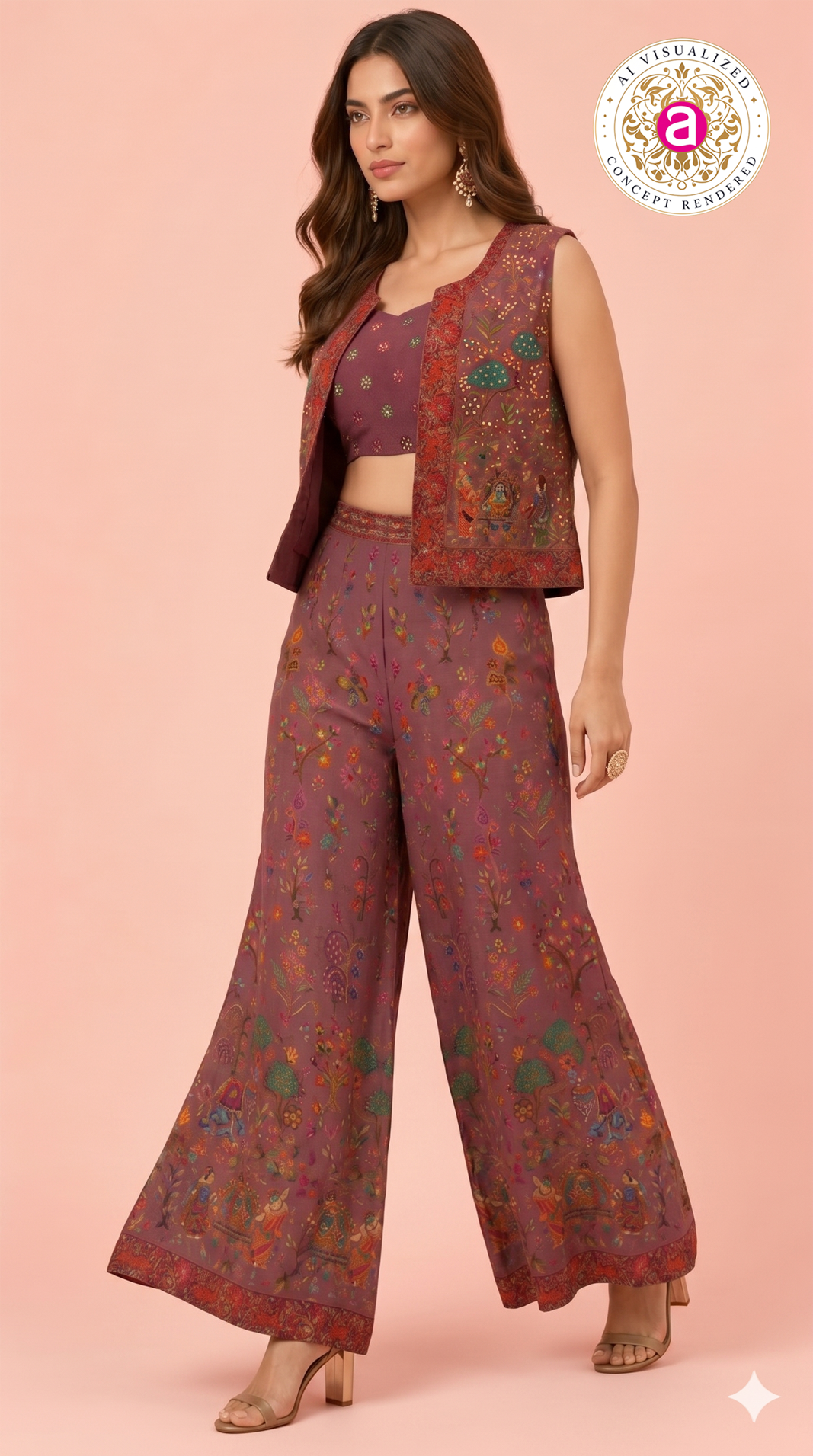 Mauve Stone Work Palazzo Set with Crop Top & Jacket