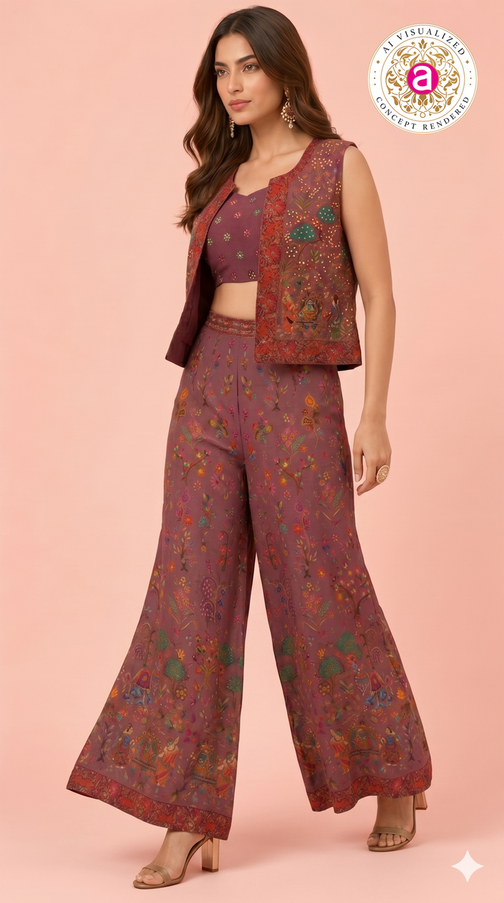 Mauve Stone Work Palazzo Set with Crop Top & Jacket