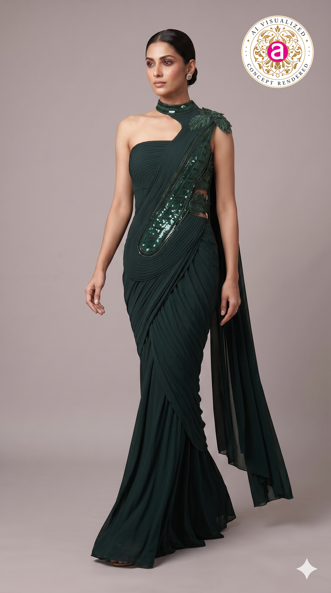 Emerald Green Ready-to-Wear Saree with Sequined Embellishments & Designer Neck Detail