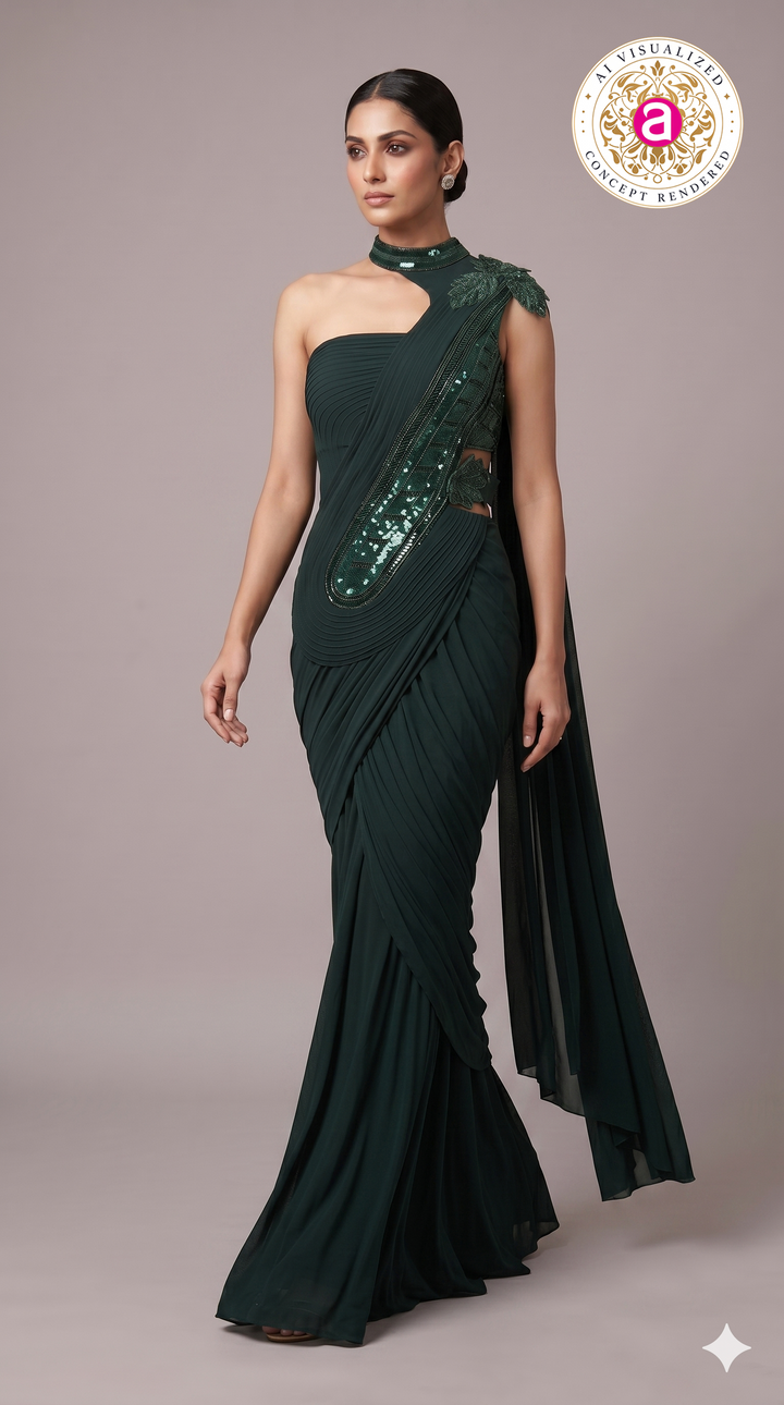 Emerald Green Ready-to-Wear Saree with Sequined Embellishments & Designer Neck Detail
