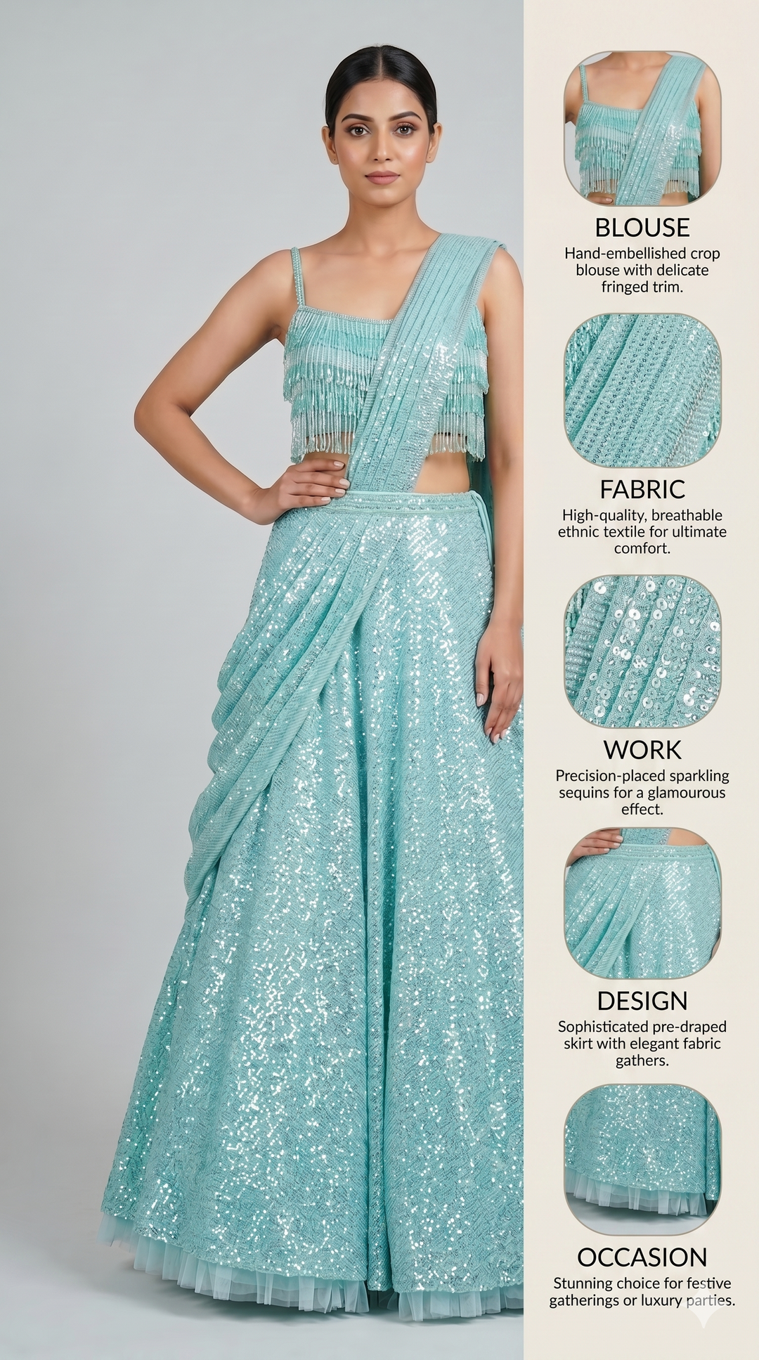 Ice Blue Sequin Draped Lehenga with Fringe Blouse