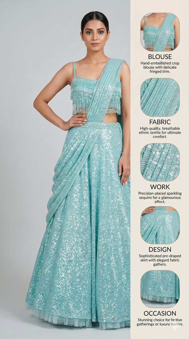 Ice Blue Sequin Draped Lehenga with Fringe Blouse
