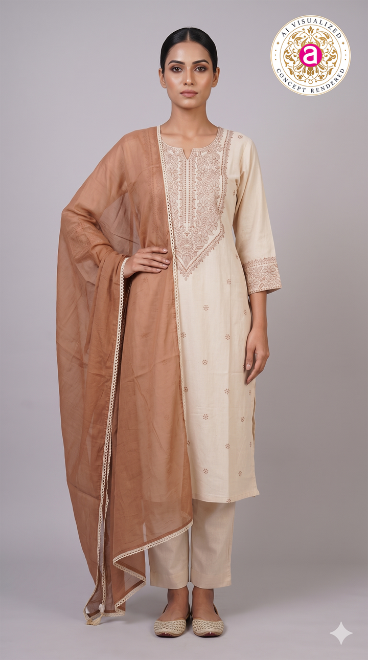 Ivory Embroidered Kurta Pant Set with Dupatta