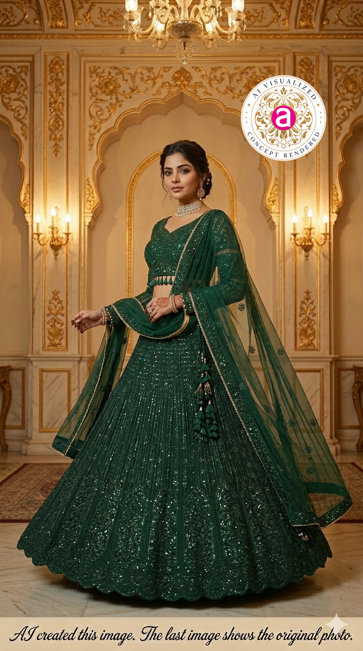 Emerald Green Designer Lehenga Set with Sequins Embellished Blouse and Net Dupatta