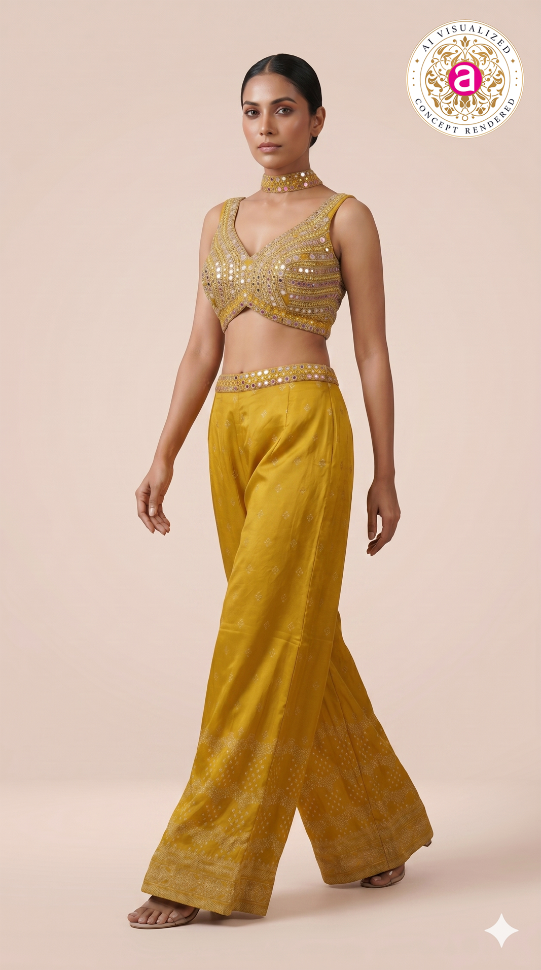 Mustard Yellow Mirror Work Indo-Western Co-Ord Set with Wide-Leg Palazzo Pants