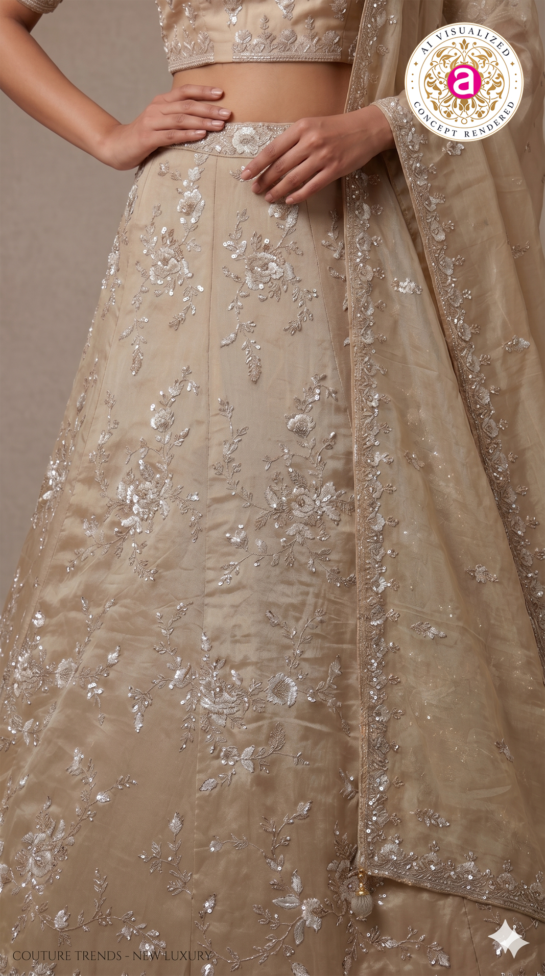 Champagne Beige Designer Embroidered Lehenga Set with Organza Dupatta
