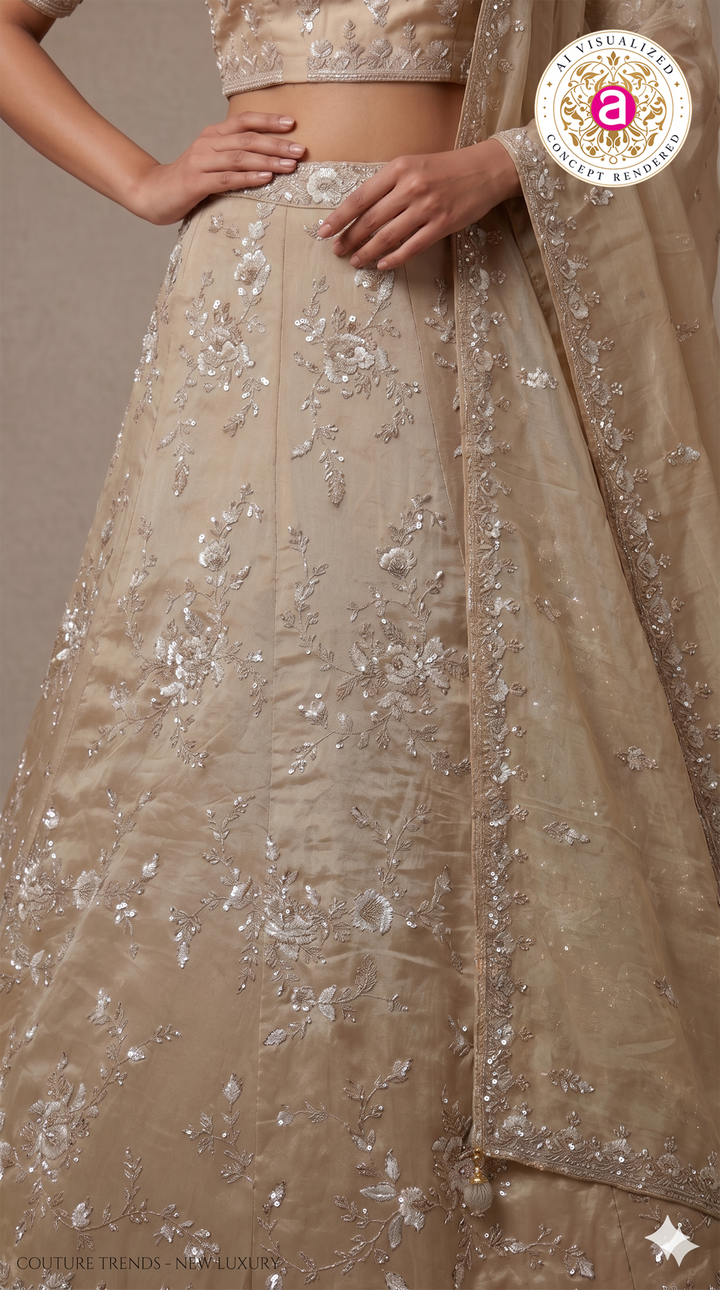 Champagne Beige Designer Embroidered Lehenga Set with Organza Dupatta