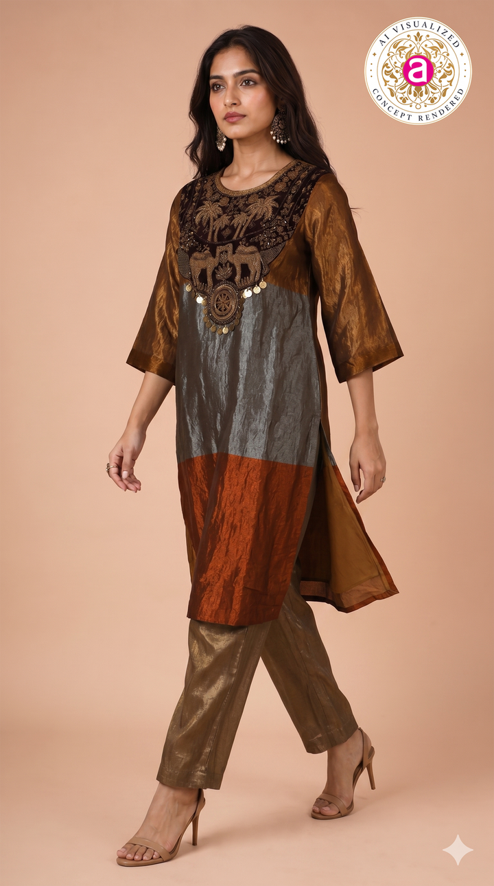 Rust Brown Embroidered Designer Kurta Pant Set