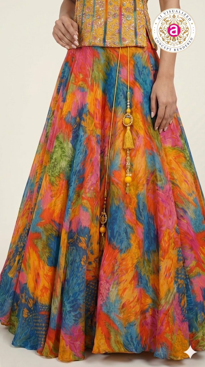 Abstract Multicolor Printed Lehenga Set with Embroidered Bustier & Orange Dupatta