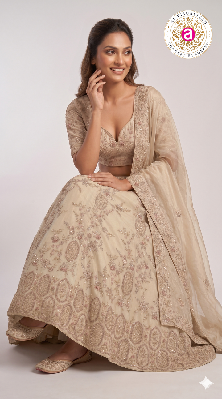 Champagne Beige Designer Embroidered Lehenga Set with Organza Dupatta