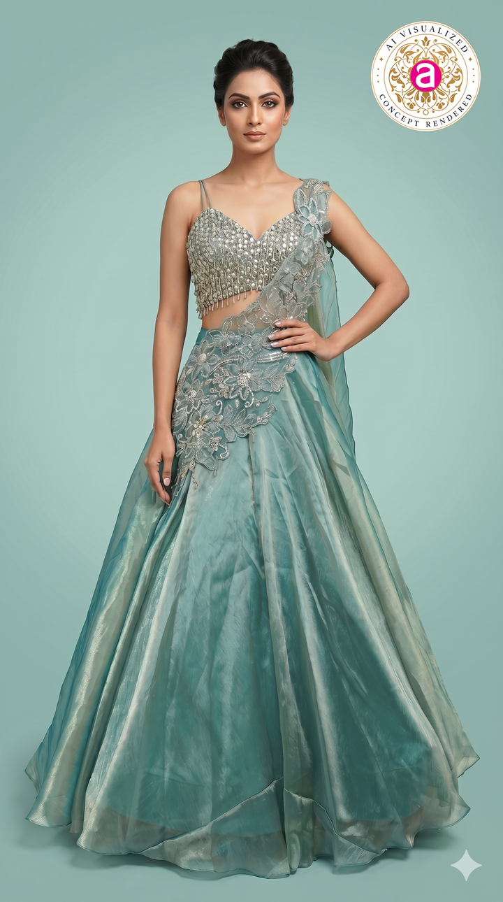 Sea Mist Crystal Embellished Designer Lehenga Set