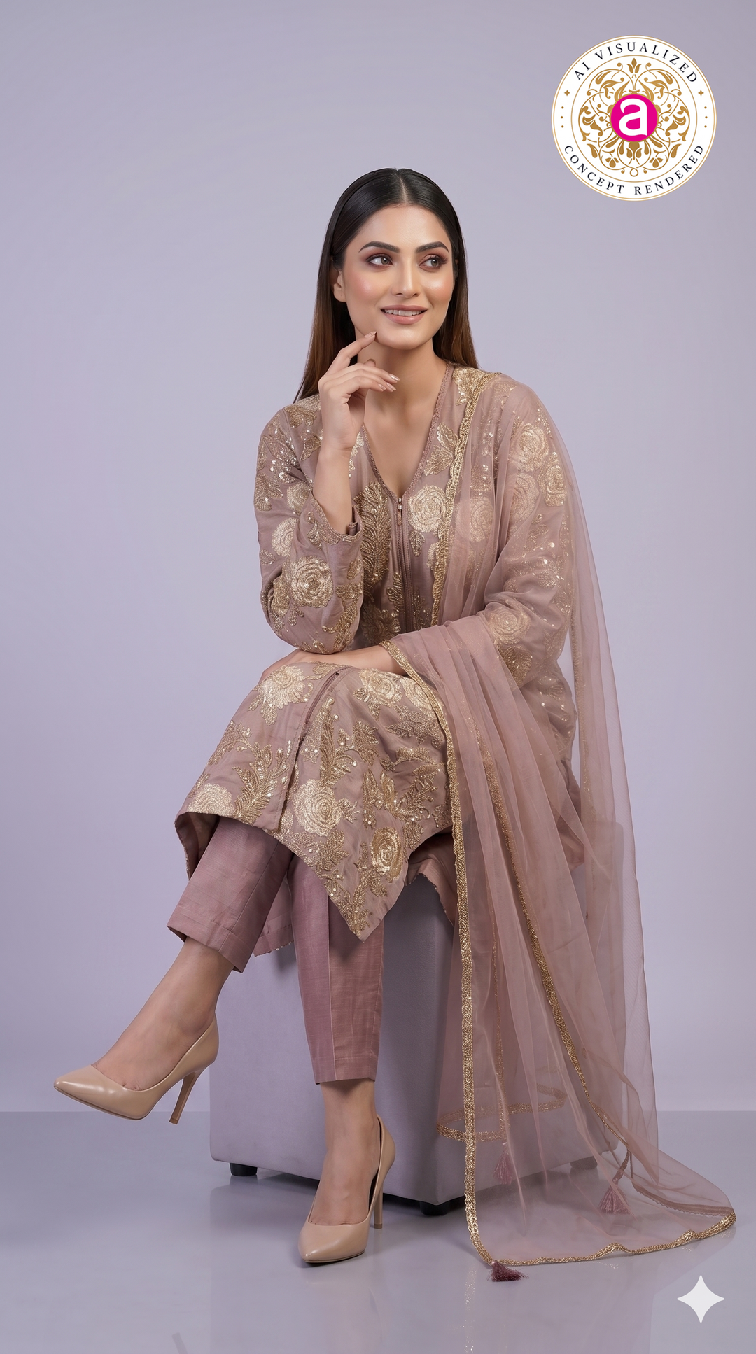 Dusty Rose Floral Embroidered Straight Kurta Set with Dupatta