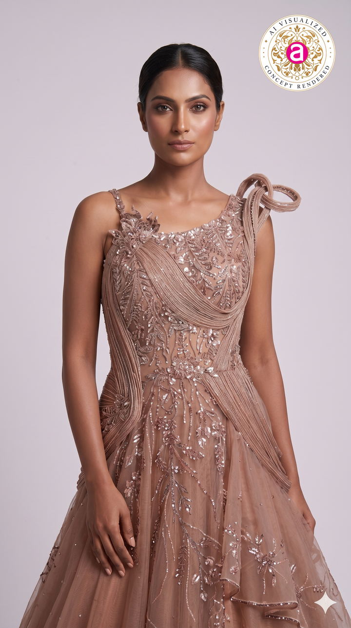 Rose Taupe Embellished Couture Ball Gown with Draped Bodice