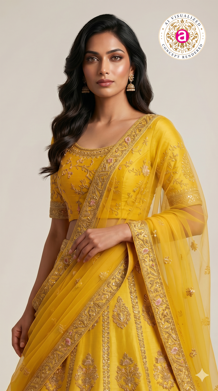 Mustard Yellow Designer Silk Lehenga Set with Heavy Zari Embroidery & Net Dupatta