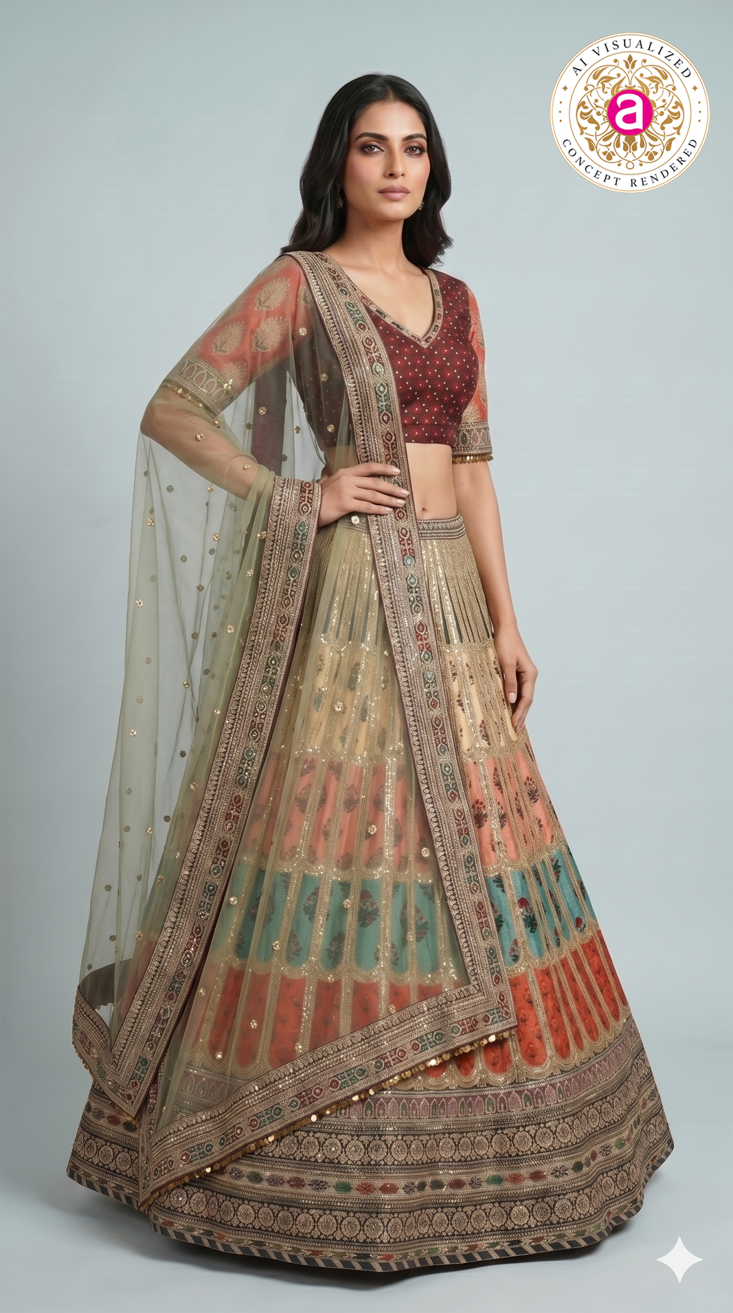 Multicolour Embroidered Bridal Lehenga Set with Net Dupatta