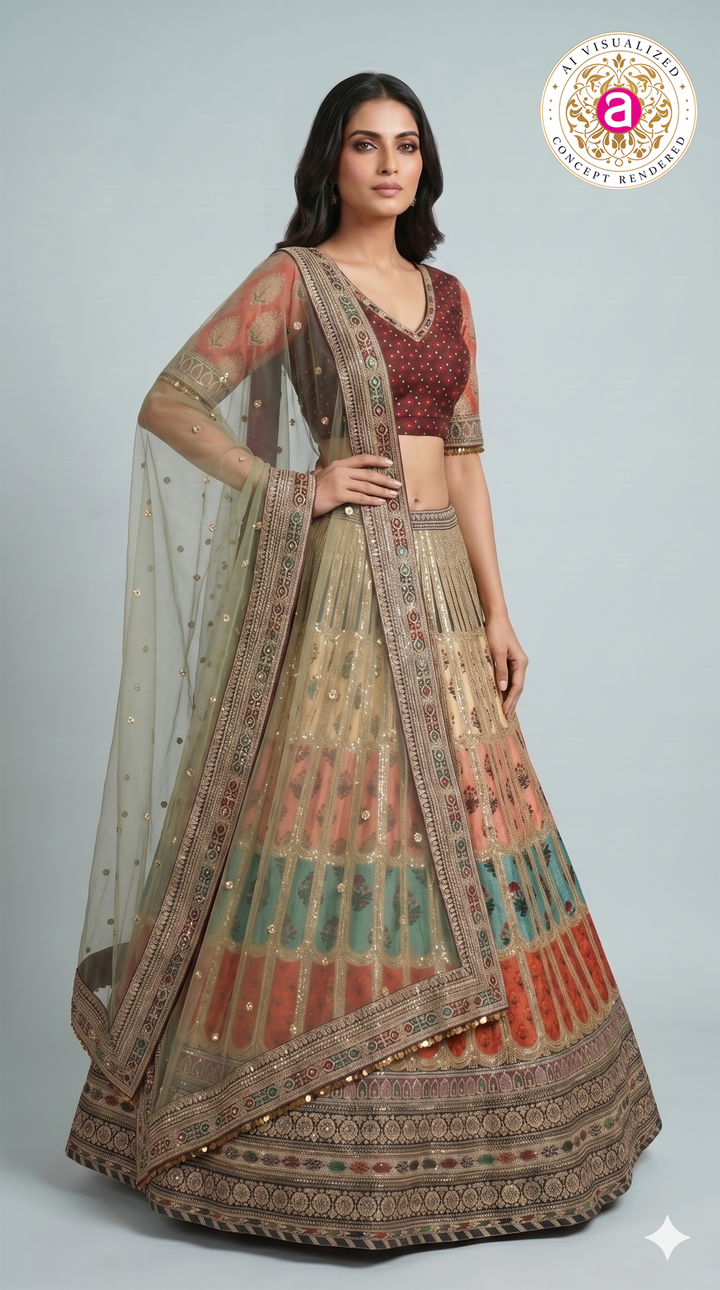 Multicolour Embroidered Bridal Lehenga Set with Net Dupatta