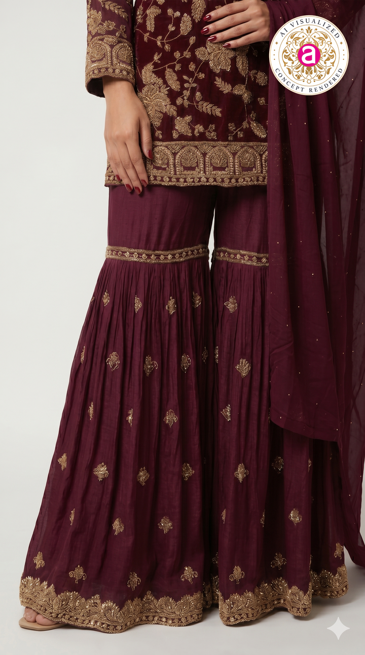 Deep Wine Embroidered Kurta Sharara Set with Dupatta