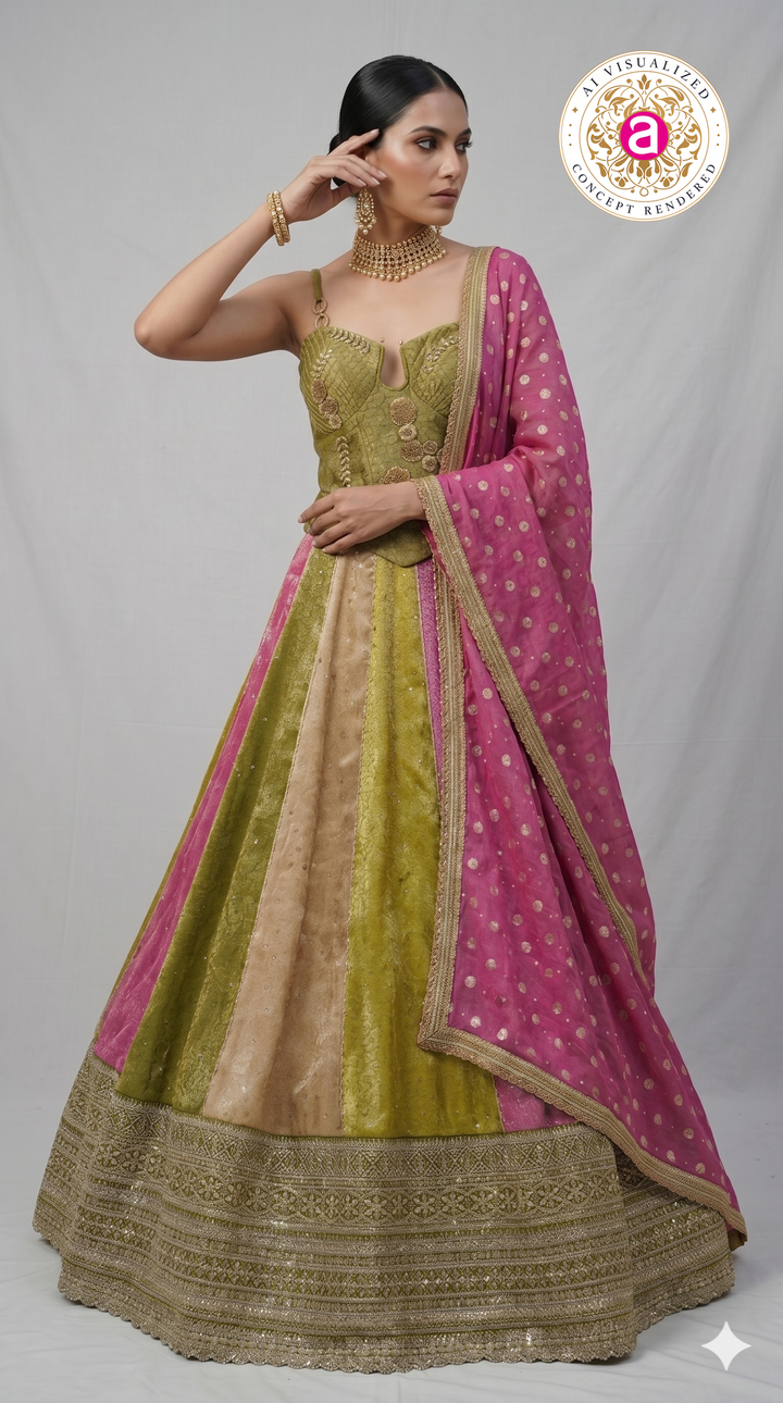 Olive Green & Pink Panelled Designer Lehenga Choli with Embroidered Blouse