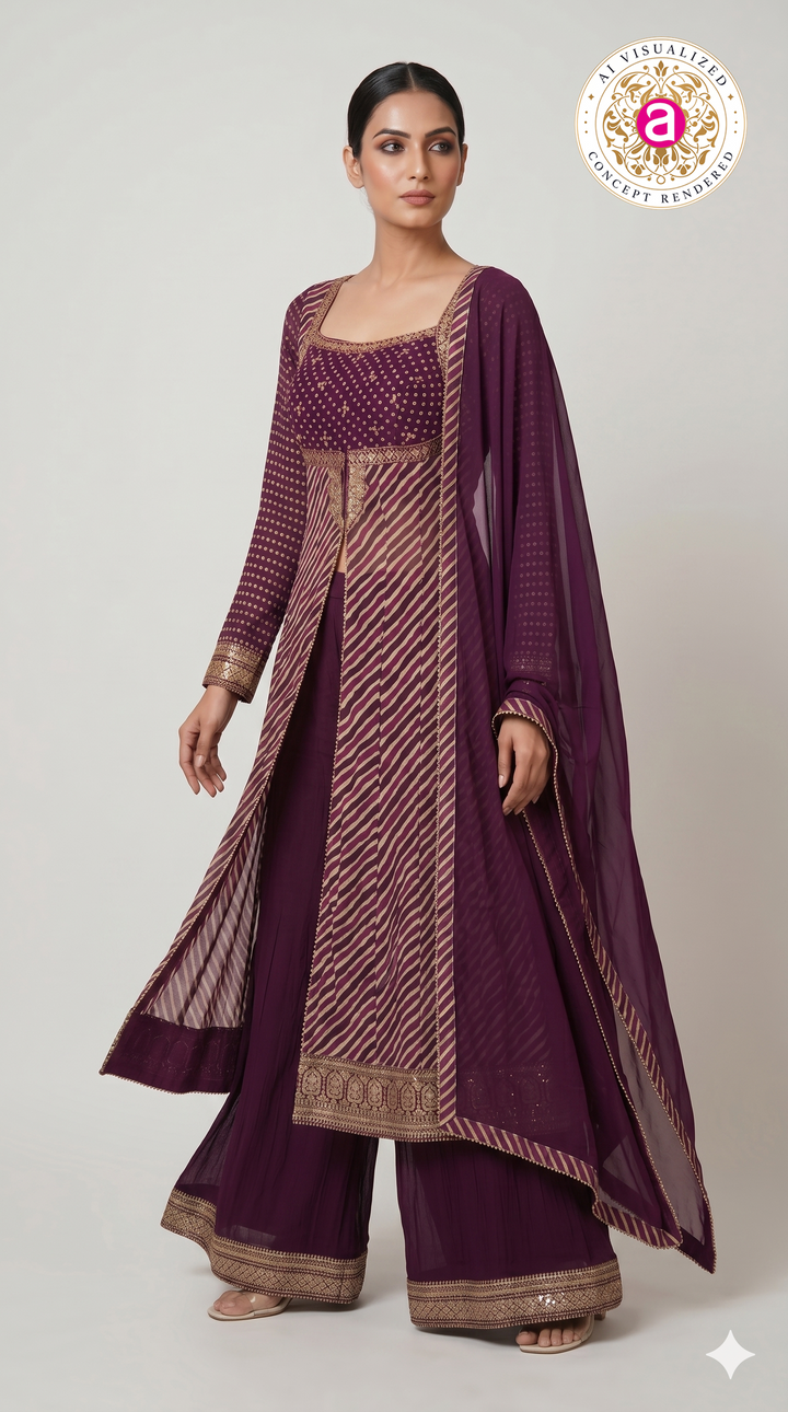 Royal Plum Leheriya Anarkali Kurta Set with Palazzo & Chiffon Dupatta