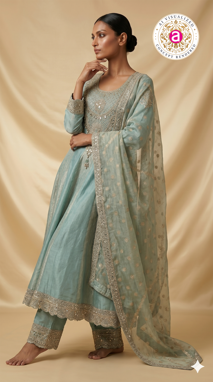 Sea Green Embroidered Anarkali Suit Set with Dupatta