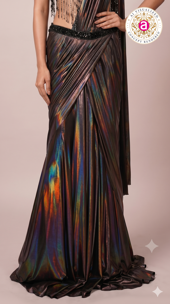 Midnight Prism Ready-to-Wear Metallic Saree with Fringe Designer Blouse