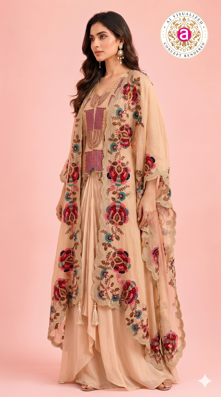 Peach Embroidered Palazzo Set with Handwork Cape Dupatta