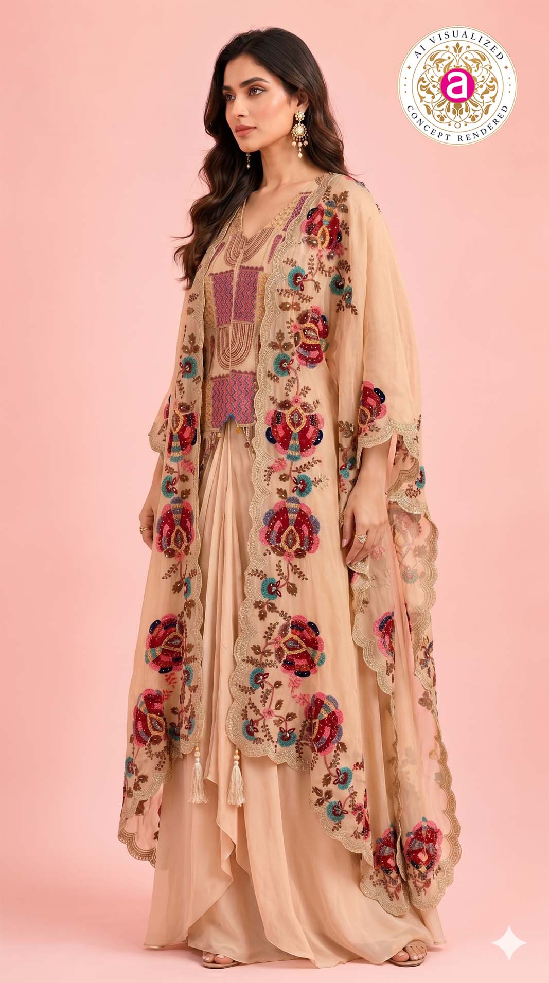 Peach Embroidered Palazzo Set with Handwork Cape Dupatta