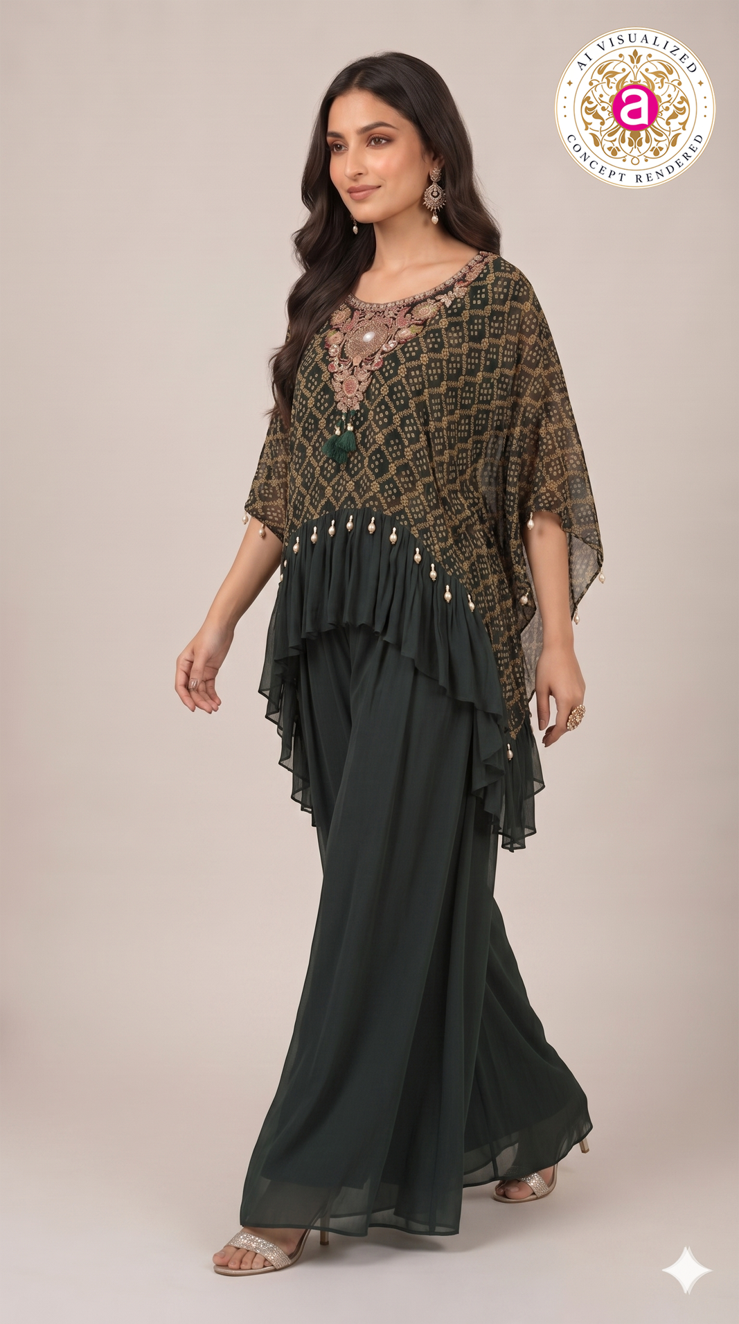 Bottle Green Handwork Kaftan Palazzo Set