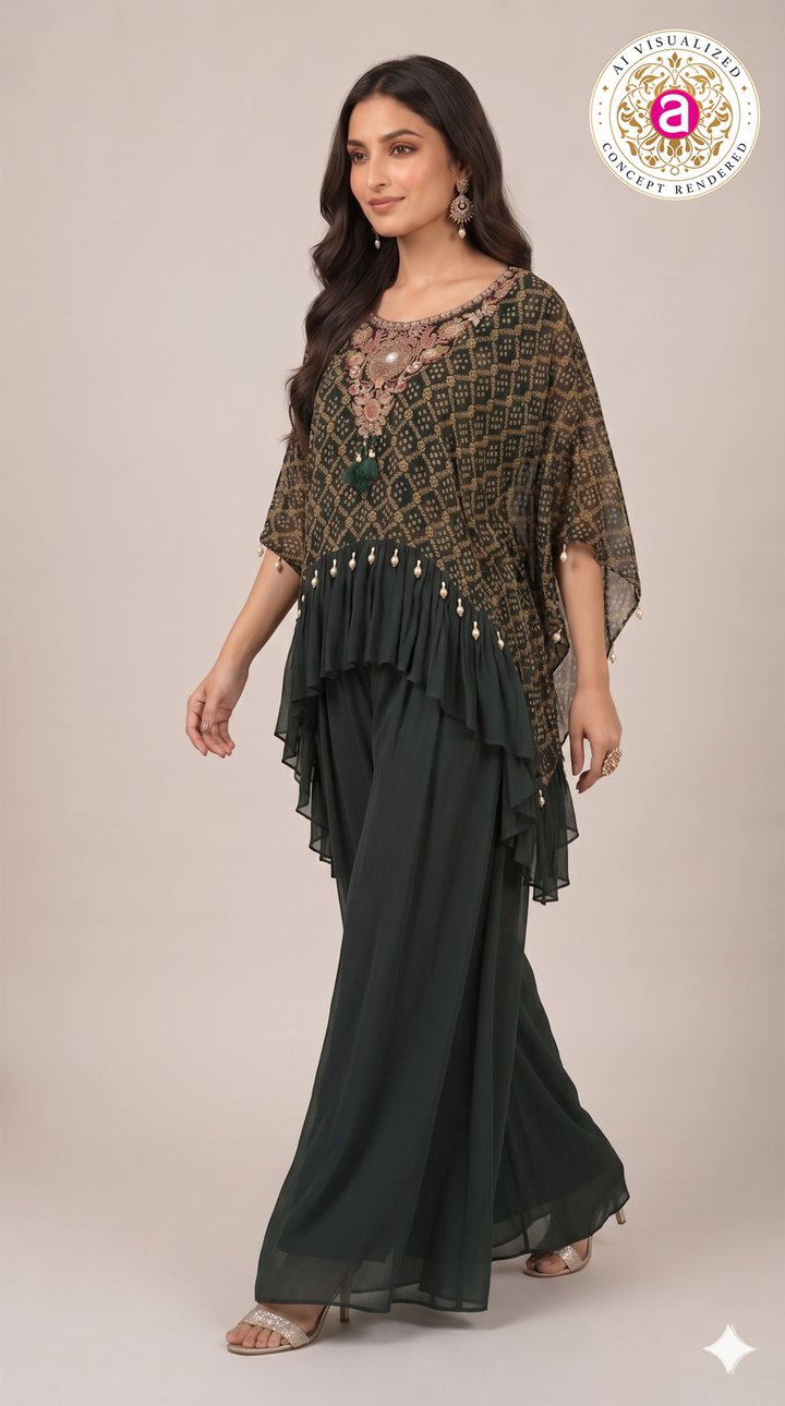Bottle Green Handwork Kaftan Palazzo Set