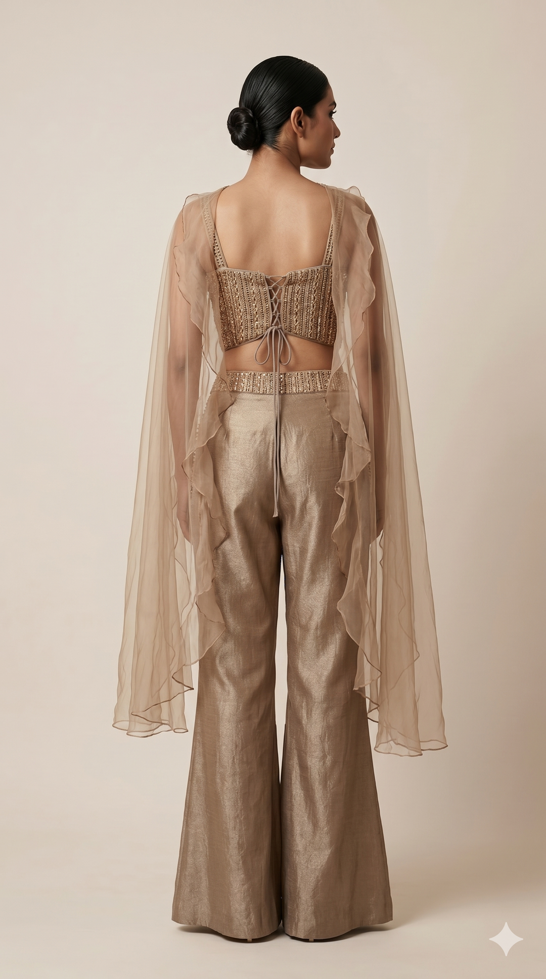 Champagne Gold Embellished Co-Ord Set with Cape Dupatta
