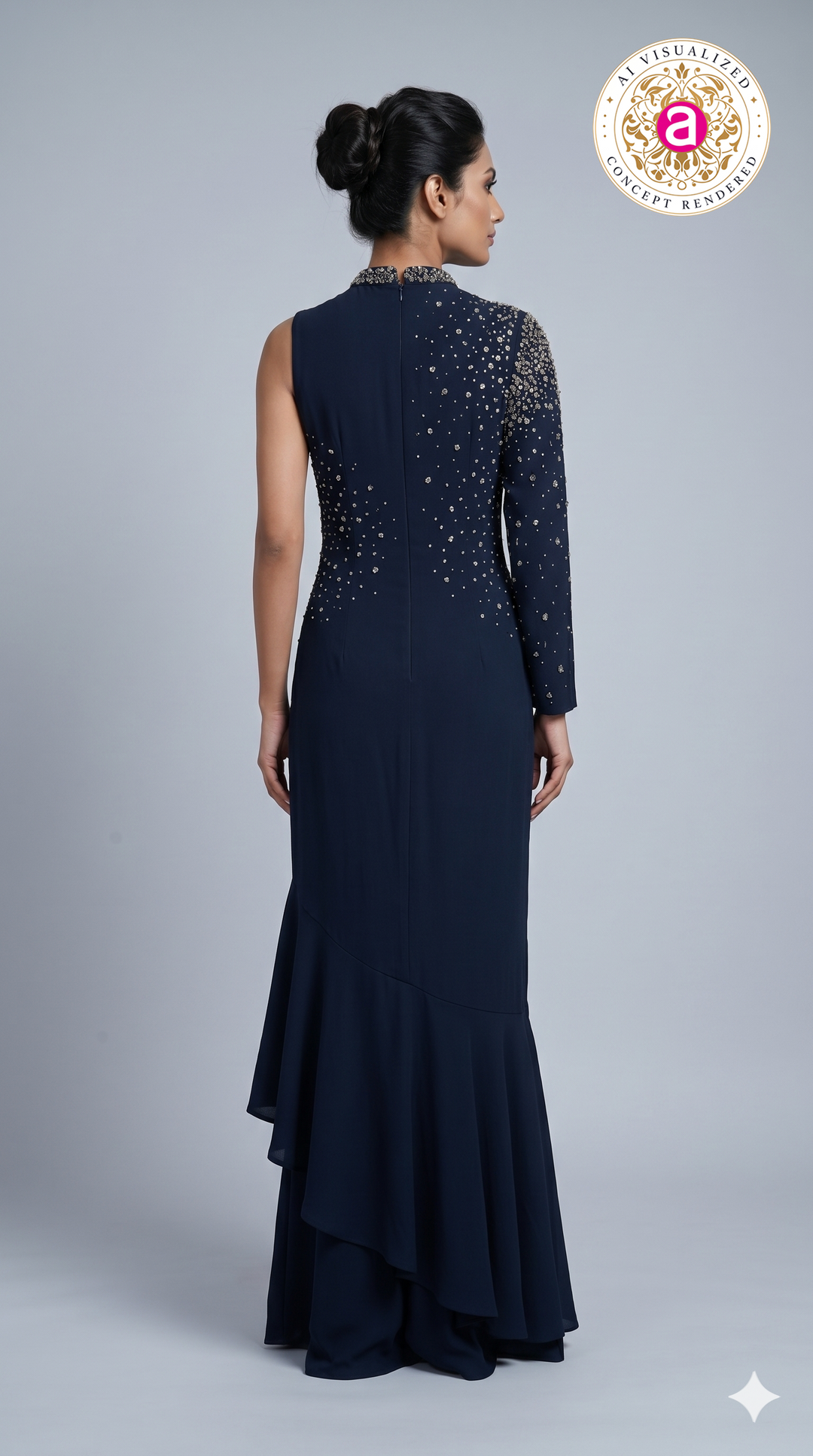Midnight Navy Embellished One-Shoulder Designer Indo Western