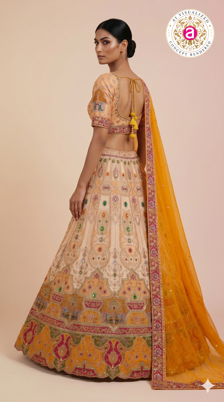 Peach & Mustard Embroidered Bridal Lehenga with Jewel Motifs & Designer Dupatta