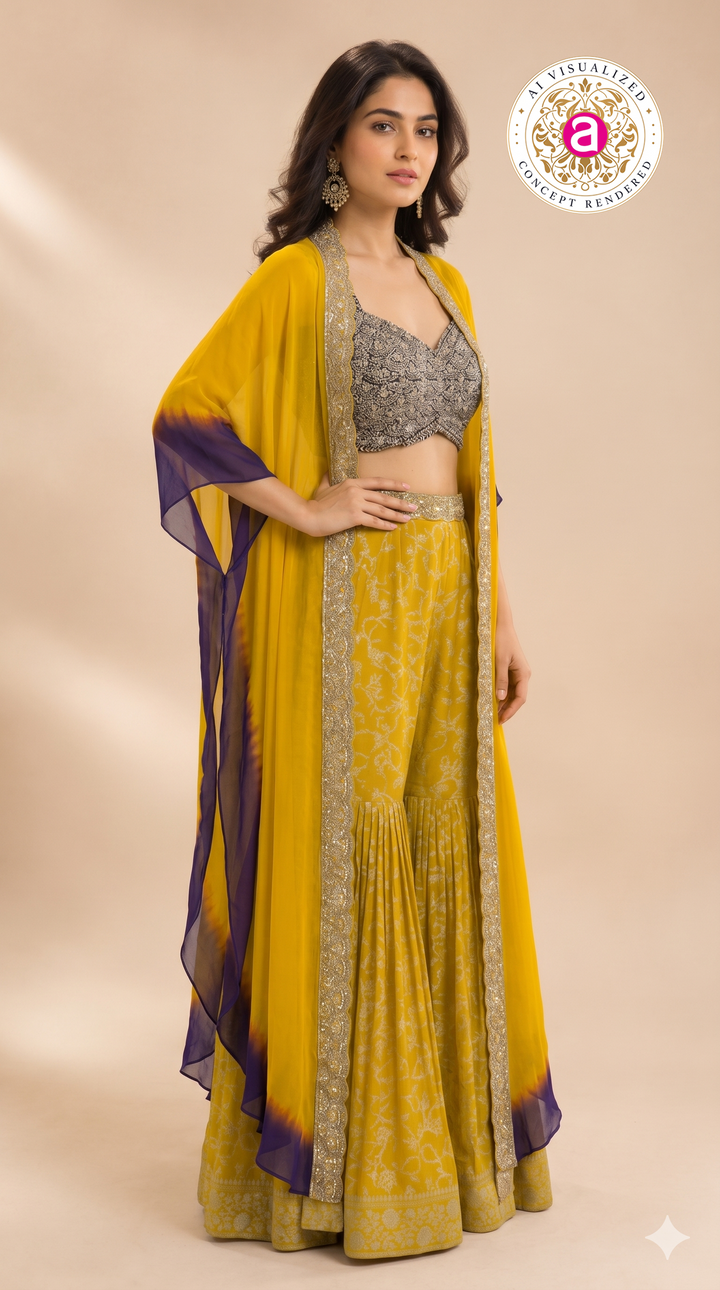 Mustard Yellow Printed Sharara Set with Embellished Cape Dupatta