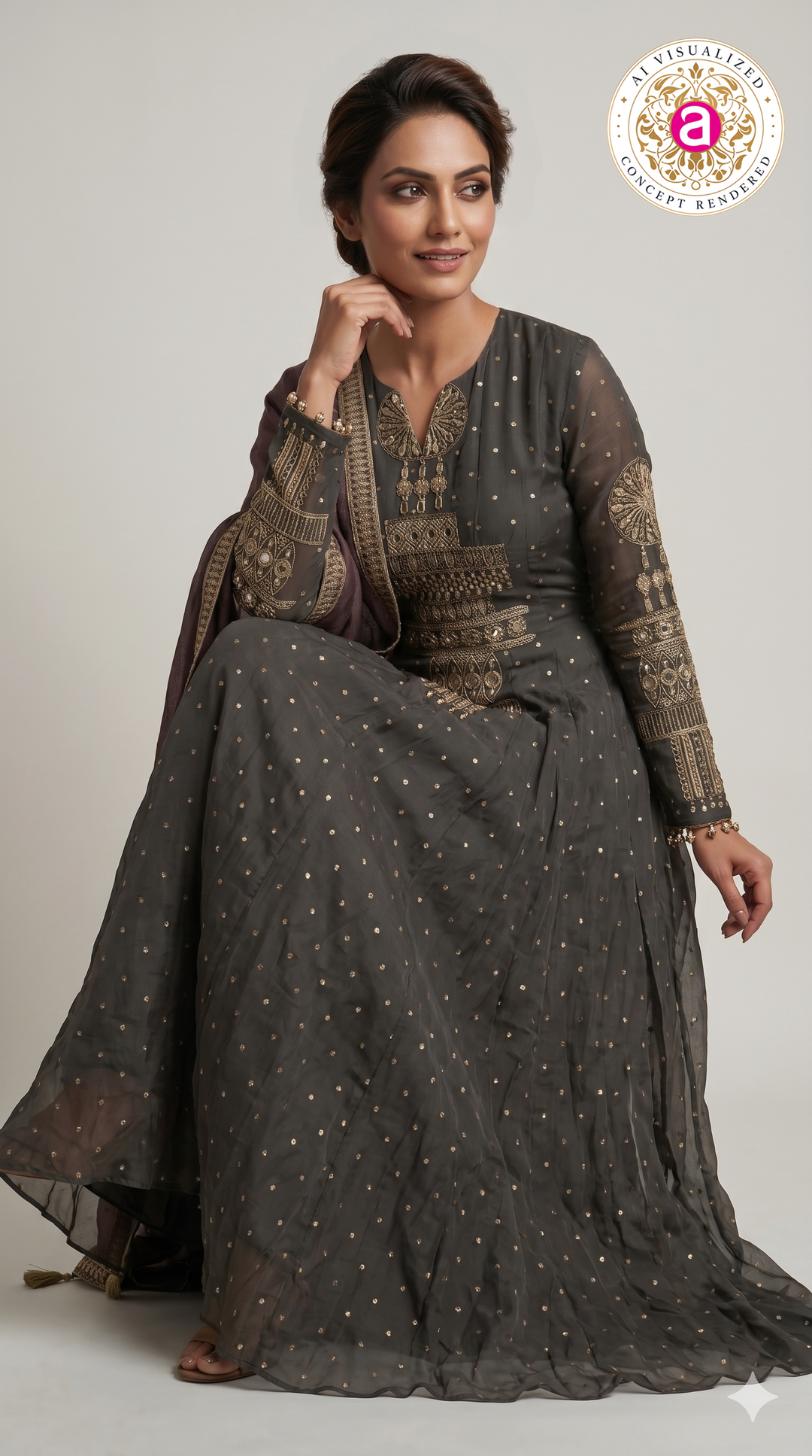 Charcoal Grey Embroidered Anarkali Suit Set with Wine Dupatta