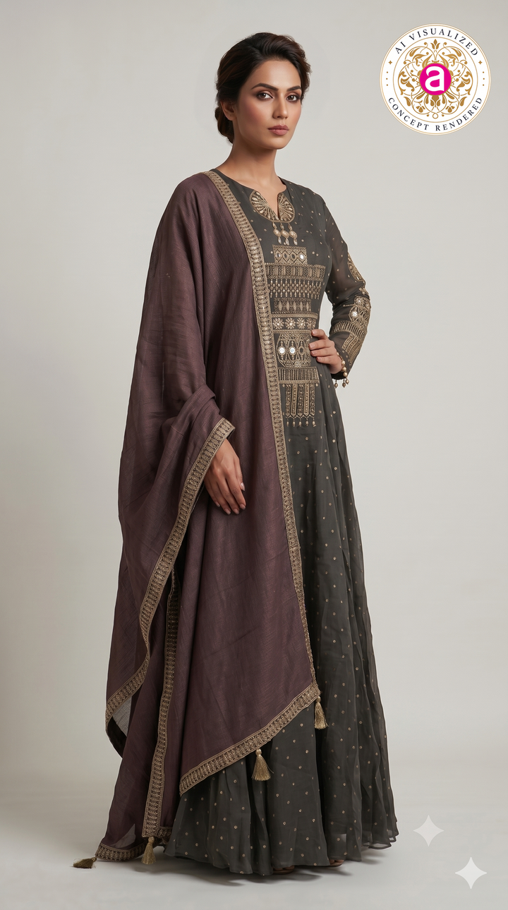 Charcoal Grey Embroidered Anarkali Suit Set with Wine Dupatta