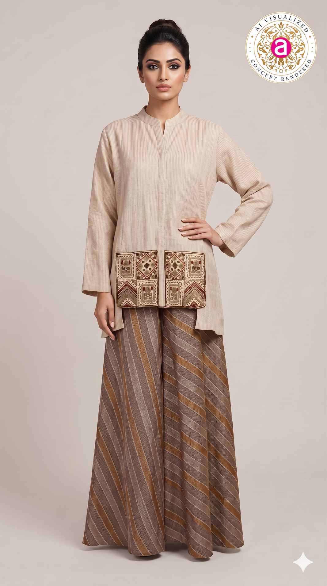 Beige Embroidered Tunic with Striped Palazzo Set