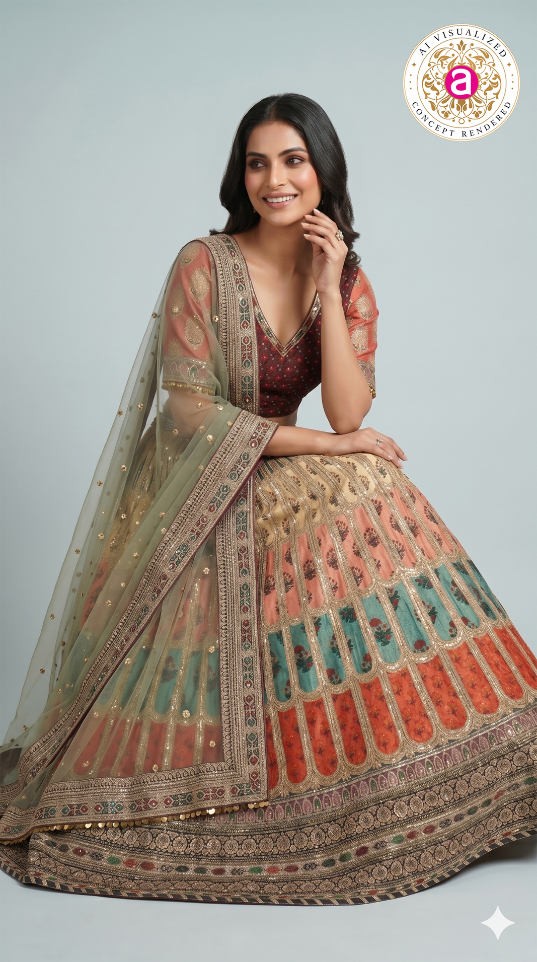 Multicolour Embroidered Bridal Lehenga Set with Net Dupatta