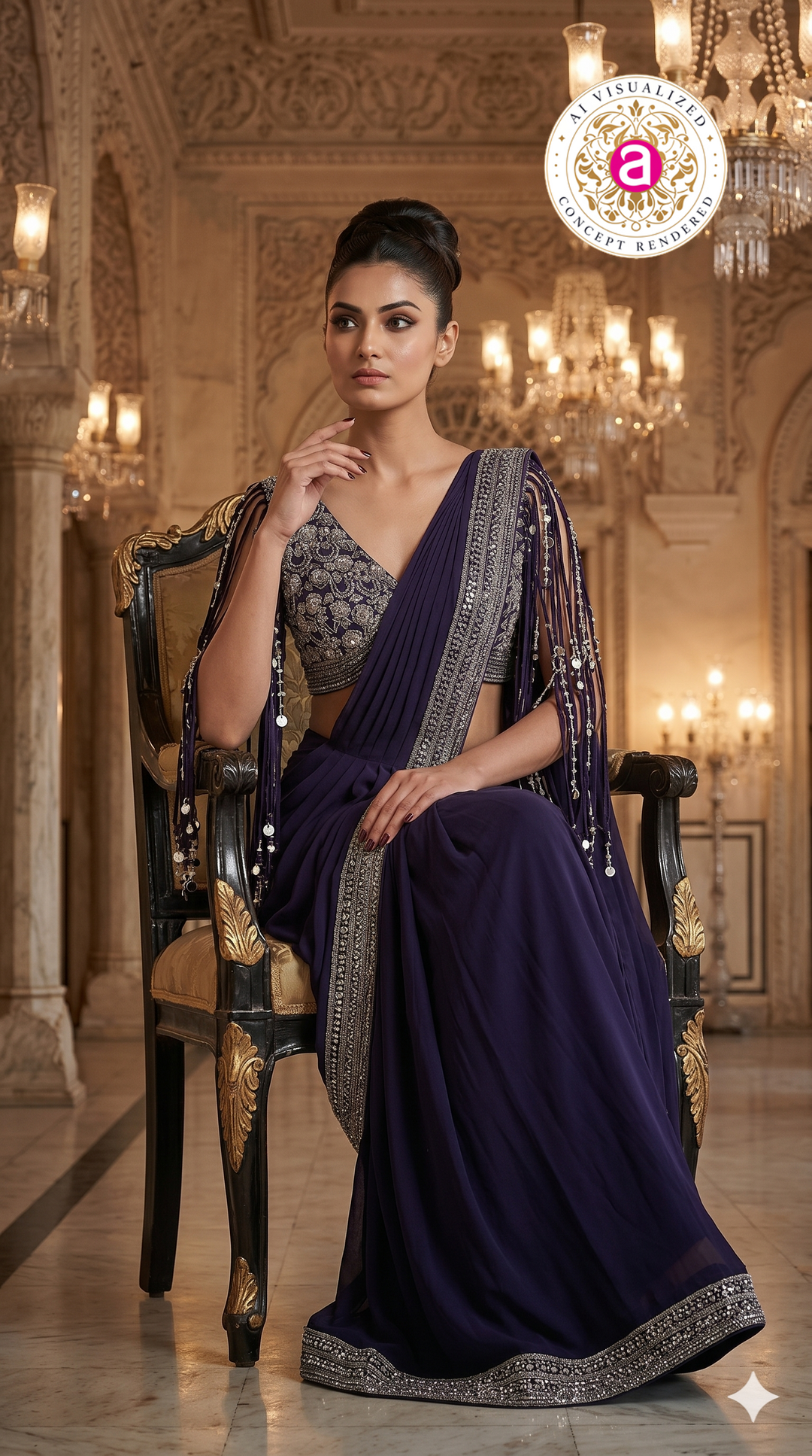 Midnight Purple Designer Saree with Embellished Fringe Blouse & Sequins Border