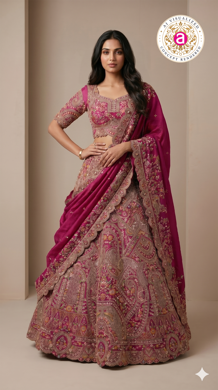 Royal Magenta Bridal Lehenga Set with Heritage Zardozi Embroidery & Regal Motifs