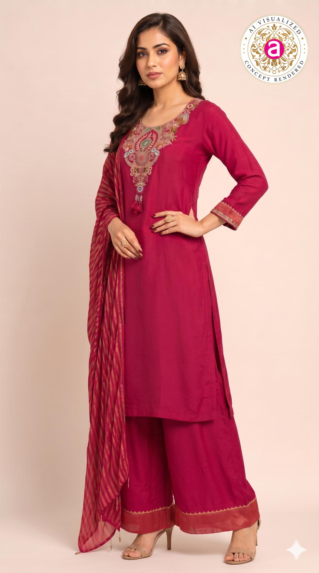 Rani Pink Handwork Kurta Palazzo Set with Dupatta