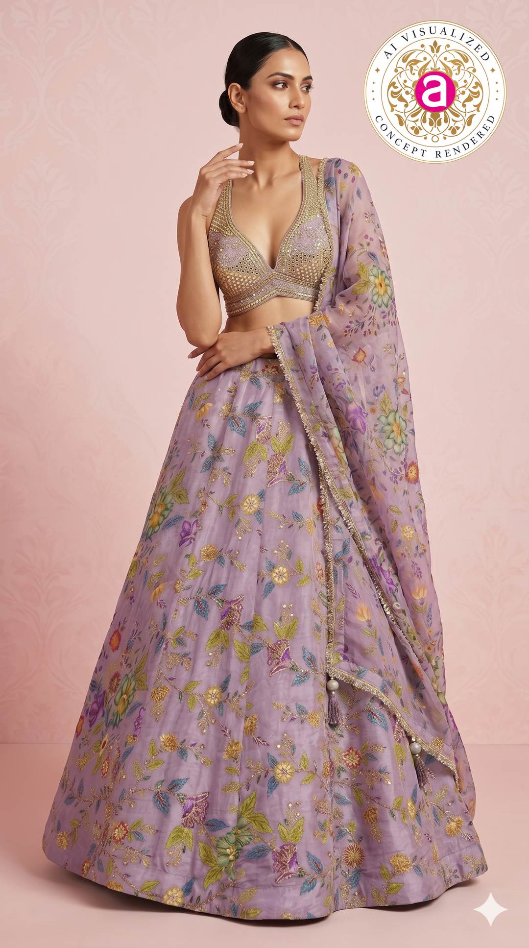 Lavender Floral Embroidered Designer Lehenga Choli with Printed Organza Dupatta