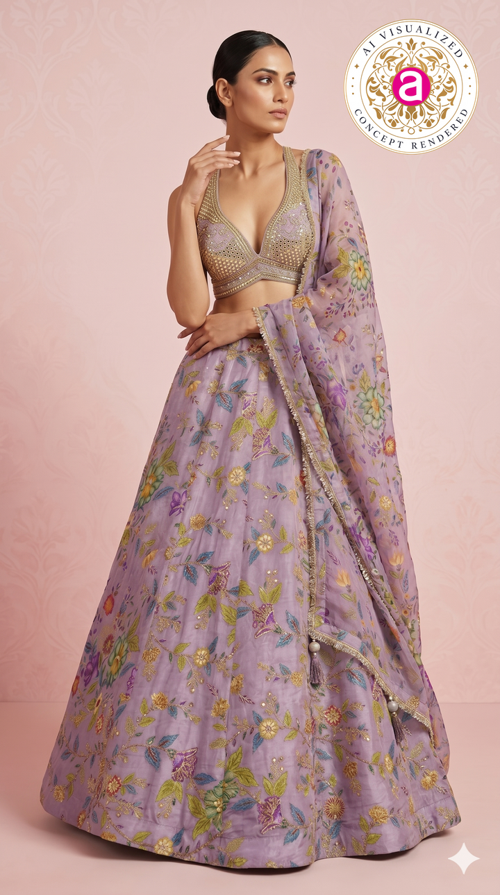 Lavender Floral Embroidered Designer Lehenga Choli with Printed Organza Dupatta