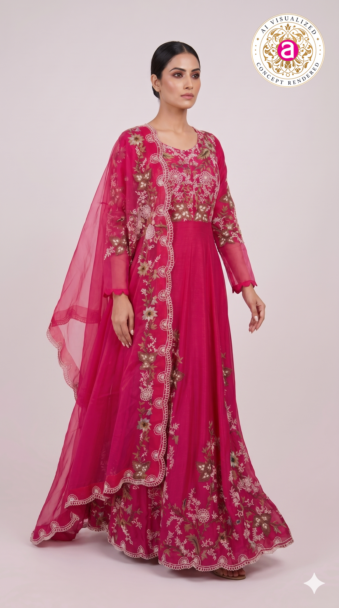 Rani Pink Floral Embroidered Anarkali Gown with Organza Dupatta