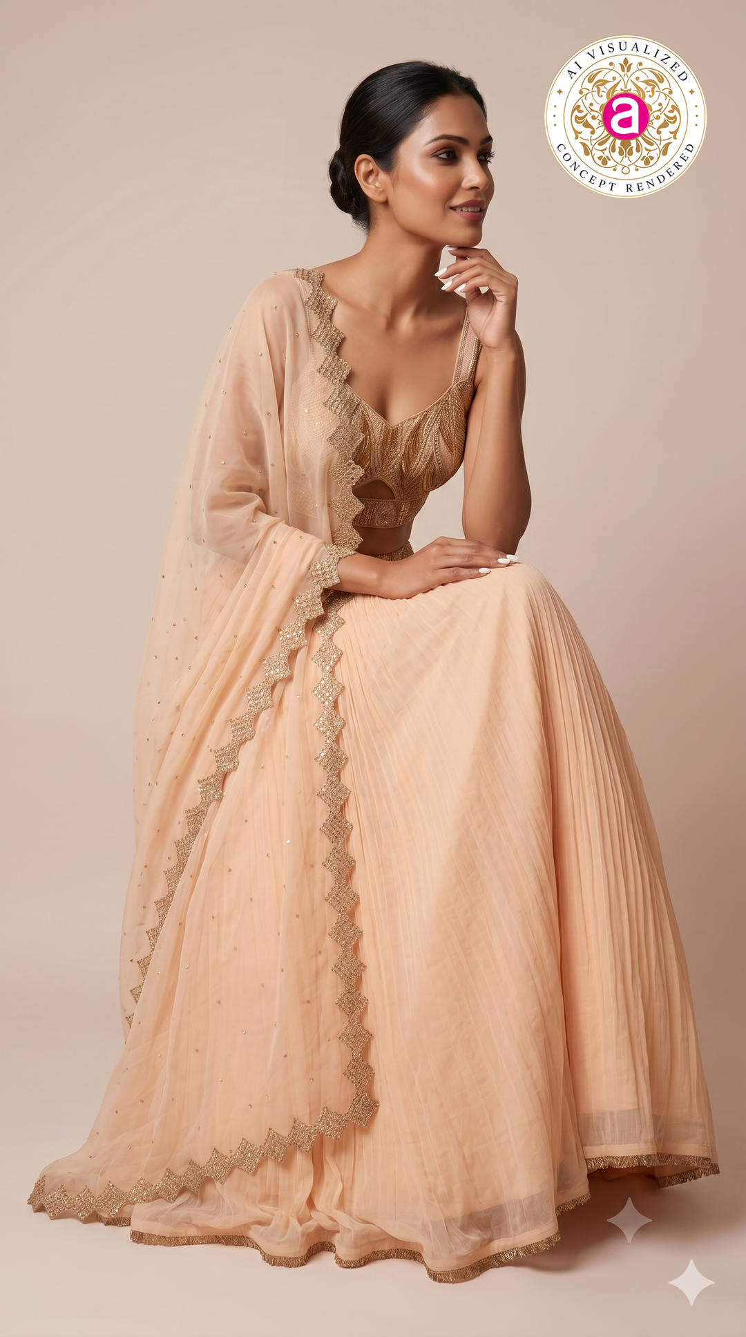 Peach Pleated Lehenga Set with Embroidered Bralette & Organza Dupatta