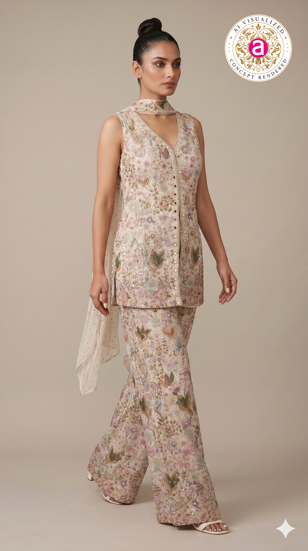 Ivory Floral Printed Indo-Western Co-Ord Set with Embroidered Waistcoat