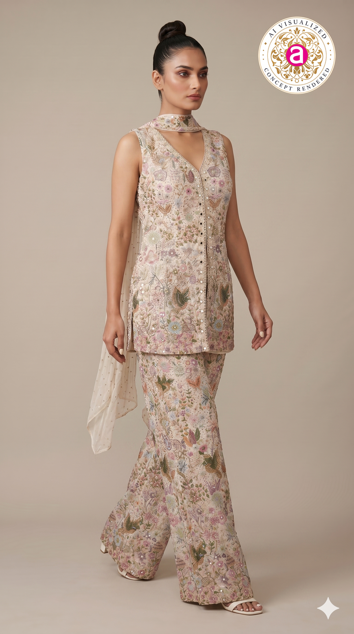 Ivory Floral Printed Indo-Western Co-Ord Set with Embroidered Waistcoat