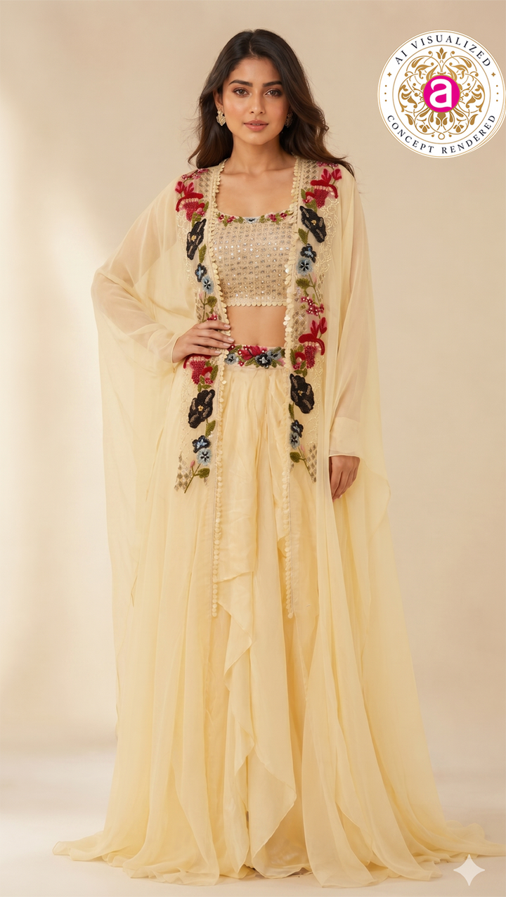 Ivory Floral Embroidered Indo-Western Cape Set with Draped Palazzo
