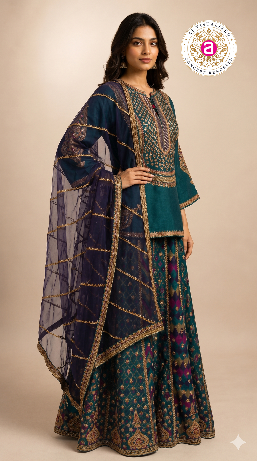 Teal Blue Indo-Western Sharara Set with Embroidered Kurti & Organza Dupatta
